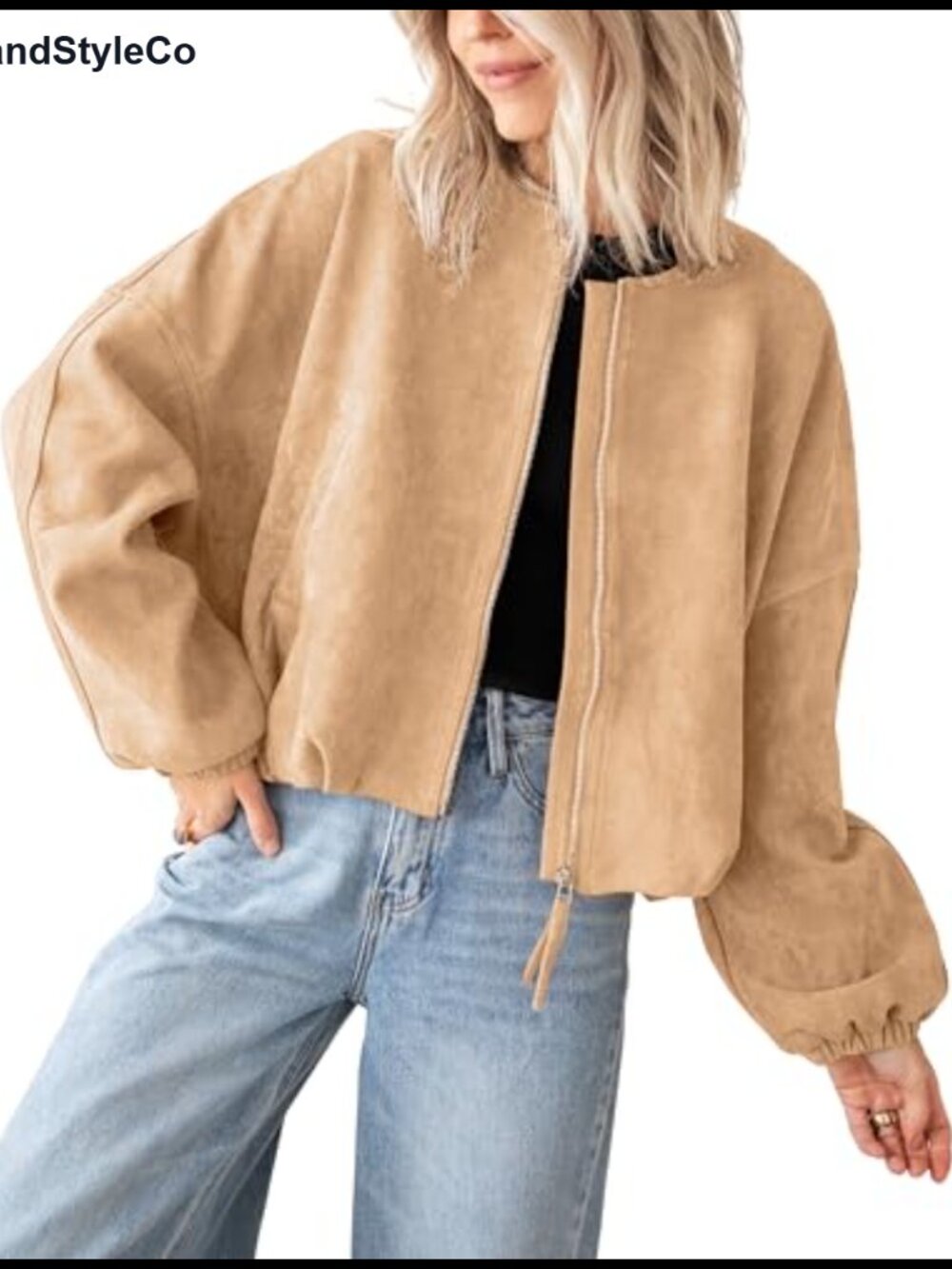 Faux Suede Bomber Jacket Womens Zip Up Cropped Casual Coat